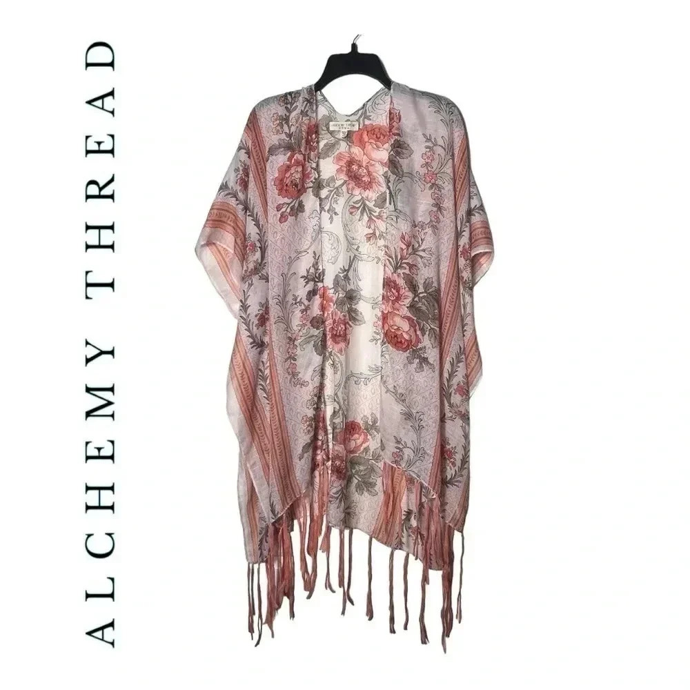 1816. ALCHEMY THREAD‎ FRINGE FLORAL PONCHO LIKE KIMONO ORANGE/CREAM ONE SIZE